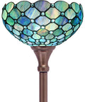 Tiffany Style Floor Lamp Torchiere with green stained glass shade, 60 inch tall bronze finish base, UL listed