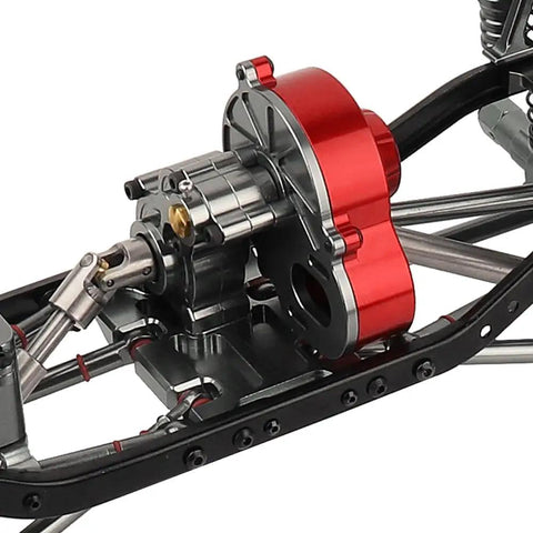 Heavy Duty All Metal Gearbox Transmission With Motor Gears For 313mm Wheelbase 1/10 RC Crawler Truck Axial SCX10 And SCX10 II DIY Upgrade Parts Red Titanium Finish Forward Transmission Only close-up view