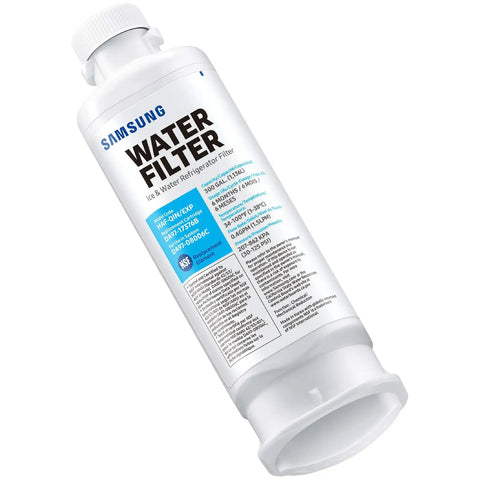 Genuine Refrigerator Water Filter Pack Of 3 Carbon Block Filters HAF-QIN-3P close-up, filter laying on its side displaying label