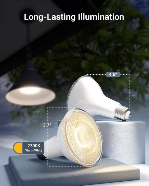 Snap Up These Top Shelf Par30 Led Bulbs Featuring Smart Dusk To Dawn Photocell Sensor For Hassle Free Yard Lighting, 11 Watt Flood Light Two Pack Non Dimmable, showing dimensions and warm white light.