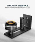 Close-up view of Two Pack Barn Door Floor Guide System With Wall Mount, Eight Setup Options, Adjustable Stay Roller, Flush Flat Bottom Design, Black Finish, Built Tough Solid Steel For Smooth Quiet Sliding And Long Lasting Durability.