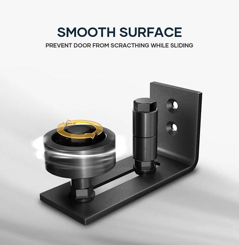 Close-up view of Two Pack Barn Door Floor Guide System With Wall Mount, Eight Setup Options, Adjustable Stay Roller, Flush Flat Bottom Design, Black Finish, Built Tough Solid Steel For Smooth Quiet Sliding And Long Lasting Durability.