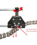 Minibike Chain for Go Karts and Mini Bikes 41 Roller Chain 10 Feet With Master Link Offset Links Connecting Link and Chain Detacher Tool Kit for Replacement showing chain detacher tool in action
