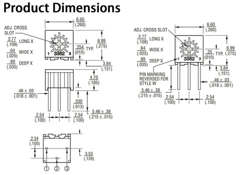3362P Single Turn Trimmer Potentiometer Kit 50 Pieces Assorted Values 100 Ohm 500 Ohm Dimensions Diagram