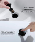 Pop Up Drain Stopper With Overflow For Bathroom Sink In Matte Black, Vessel Lavatory Vanity Drain Assembly with anti-clogging basket