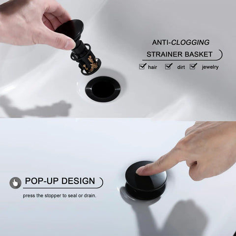 Pop Up Drain Stopper With Overflow For Bathroom Sink In Matte Black, Vessel Lavatory Vanity Drain Assembly with anti-clogging basket