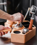 Wooden Espresso Tamper Holder 8 In 1 Coffee Bar Accessory Stand With Removable Knock Box Fits 51Mm And 54Mm Portafilters in use.