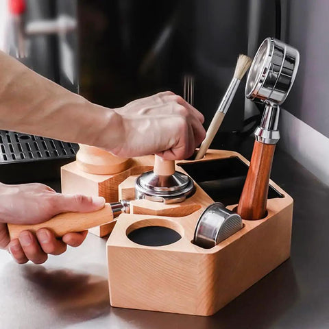 Wooden Espresso Tamper Holder 8 In 1 Coffee Bar Accessory Stand With Removable Knock Box Fits 51Mm And 54Mm Portafilters in use.