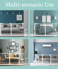 Walk Through Baby Gate For Narrow Doorways With Auto Close Pressure Mounted White Metal Safety Gate in different home settings