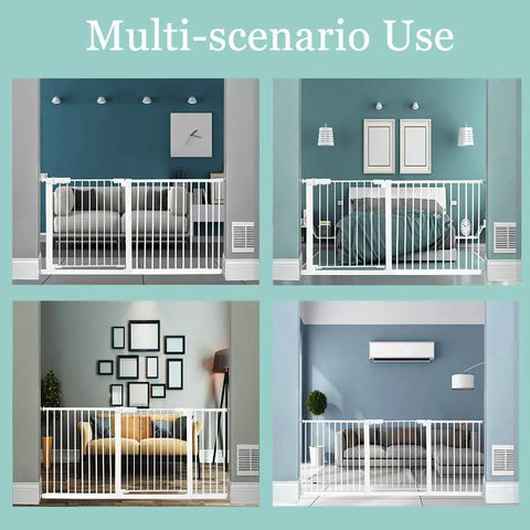 Walk Through Baby Gate For Narrow Doorways With Auto Close Pressure Mounted White Metal Safety Gate in different home settings