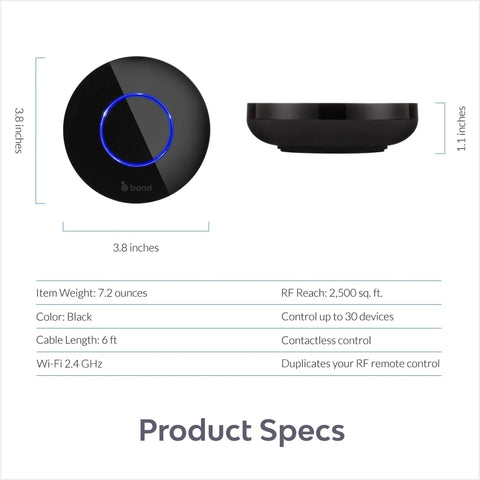 Smart WiFi Adapter For Ceiling Fans Fireplaces And Motorized Shades Turn Your Home Into A Voice Controlled Smart Hub Works With Alexa And Google Home Manage With iPhone And Android, black round device with product specs and dimensions