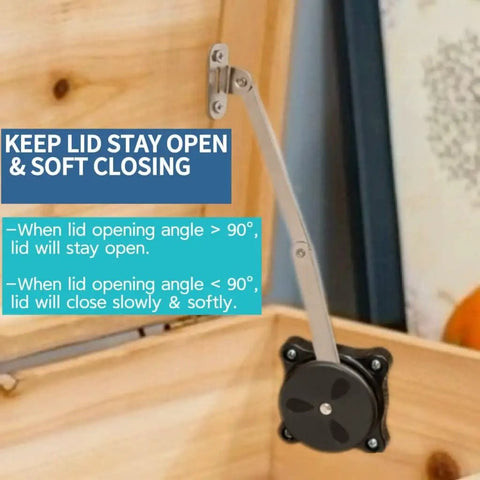 Soft Close Toy Box Hinges With Lid Support For Wooden Chests And Cedar Boxes installed on a wood toy box