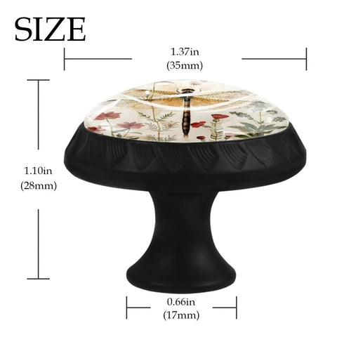12 Pack Kitchen Cabinet Knobs With Black ABS Base And Crystal Glass Tops For Cabinets Drawers Dressers Doors Wardrobes Vintage Dragonflies Floral Herbs Design Featuring 35mm Top Diameter 17mm Base Diameter And One Inch Height With Easy Install size specifications.
