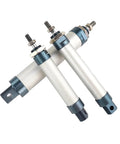 Three aluminum alloy pneumatic cylinders with blue end caps and threaded ends, angled side view.