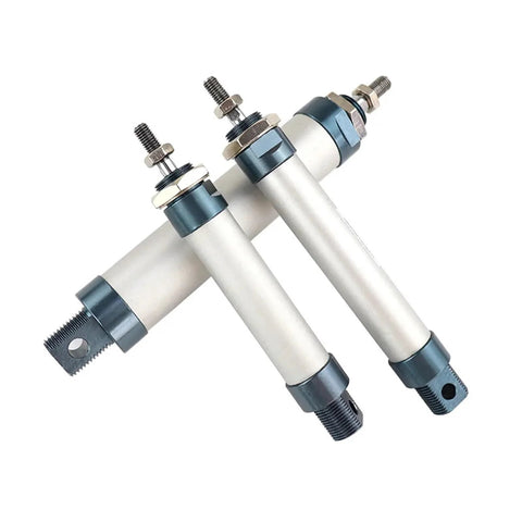 Three aluminum alloy pneumatic cylinders with blue end caps and threaded ends, angled side view.