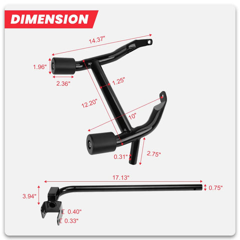 Dimensions of Badass Saddlebag Guard Crash Bar For Harley Touring Motorcycles showing heavy gauge steel frame sizes.