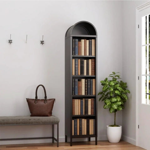 73 Inch Tall Arched Metal Bookshelf With 5 Shelves Heavy Duty Steel Construction near bench and plant in room corner.