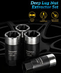 Deep Lug Nut Extractor Set For Locked And Stripped Bolts, Six Piece Wheel Lock Removal Kit in front of a black wheel