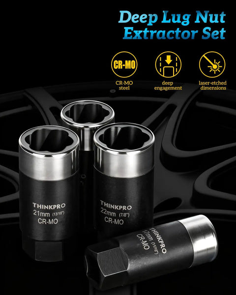 Deep Lug Nut Extractor Set For Locked And Stripped Bolts, Six Piece Wheel Lock Removal Kit in front of a black wheel