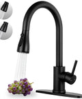 Matte Black Pull Down Kitchen Sink Faucet In Solid Stainless Steel With Single Handle Spray Head For Zero Drip Action And A Super Clean Modern Kitchen Glow Up Built Tough For Day To Day, showcasing spray head with grapes.