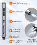Cordless Precision Screwdriver Set With 34 Magnetic Bits, Smart Motion Control, Pro Grade, Rechargeable Tool Kit diagram.
