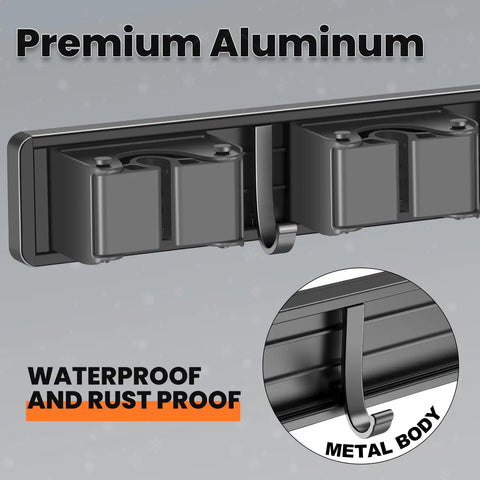 Broom Holder Wall Mount With Four Racks And Three Hooks Adjustable Mop And Broom Organizer, grey aluminum waterproof rust proof