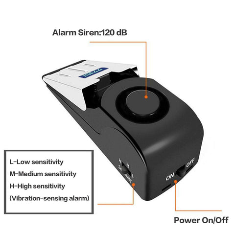Portable Door Stop Alarm 2 In 1 Security Alarm Door Stopper with 120dB Loud Entrance Alert, black wedge with sensitivity settings.
