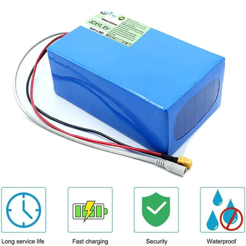 Heavy Duty Ev Lithium Battery Pack With Built In Bms Plus Charger For Electric Scooter Moped Motorcycle, blue pack with wires, waterproof design.