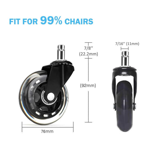3 Inch Heavy Duty Office Chair Wheels With Soft PU Rubber For Floor Protection front and side view with dimensions