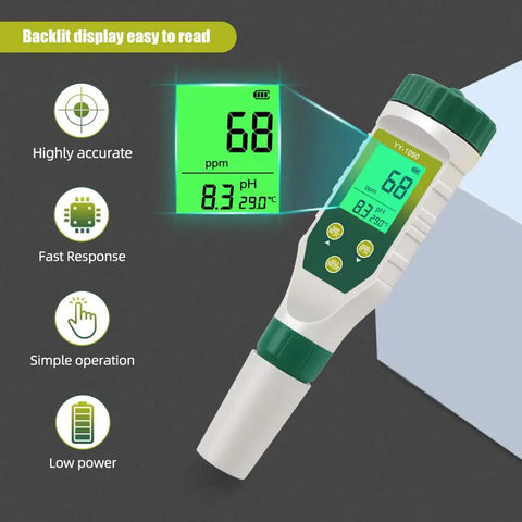 5 In 1 Water Tester With LCD Backlit For pH TDS EC Salt And Temperature Readings Digital Meter showing LCD and control buttons