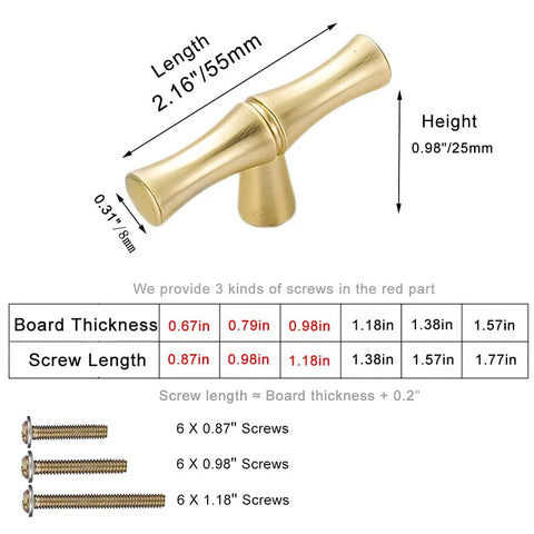 Dope Bamboo Shape Zinc Alloy Cabinet Knob Set 6 Pack Single Hole Golden Finish Built Tough For Dresser Drawer Cupboard Door Pulls With Smooth Edges Easy Install Classic Hardware Upgrade, 55mm knob with 25mm height