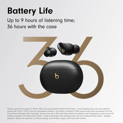 Studio Buds Plus True Wireless Earbuds With Active Noise Canceling And Transparency Mode, Black Gold design with case.