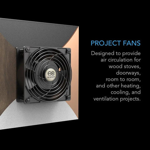 120mm Muffin Fan With Speed Controller mounted in doorway for air circulation, ideal for wood stoves and fireplaces, UL certified.