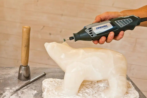 Using rotary tool on polar bear sculpture with Collets Kit For Rotary Tools With Four Collets And One Collet Nut, Includes 0.8mm, 1.6mm, 2.4mm And 3.2mm Sizes, Precision Accessory Set Up To 35,000 RPM, Easy Swap, Great For Hobbyists And Pros.