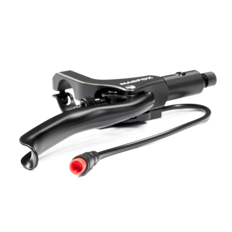 Close-up of left hydraulic brake lever included in Four Piston Hydraulic Disc Brake Replacement Kit For X1S E Bike Upgrade.