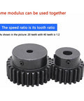 Two black industrial pinion gears, 20 teeth and 40 teeth, illustrating speed ratio, same modulus, suitable for machinery.