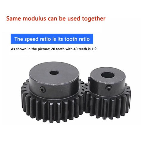 Two black industrial pinion gears, 20 teeth and 40 teeth, illustrating speed ratio, same modulus, suitable for machinery.