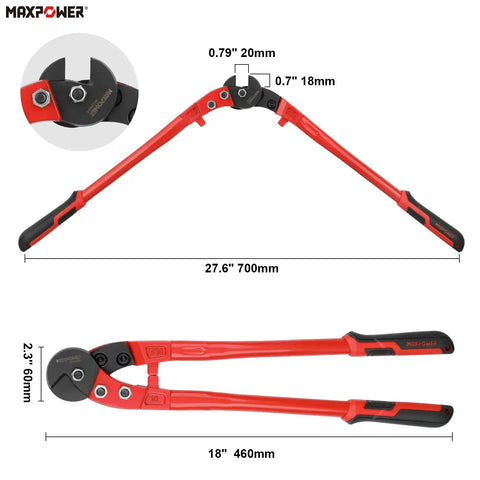 18 Inch Heavy Duty Steel Cable Cutter For Hard Wire Ropes, open and closed view with sharp chromium-molybdenum blades.