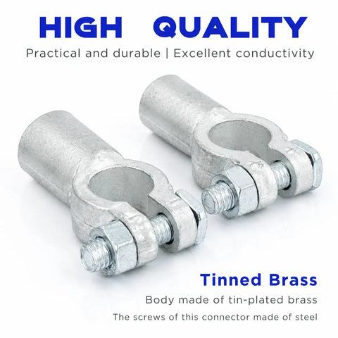 Heavy Duty Battery Terminal Connectors For 2/0 Gauge Wire Positive Negative Top Post Cable Clamps in tinned brass finish.