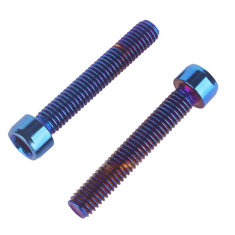 Slick Titanium Finish Stainless Steel Allen Hex Socket Head Screws M5 From M5x12 Up To M5x35mm Burnt Blue Bolt Set, two screws shown.