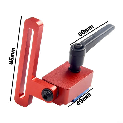 30mm Miter Track T-Track Stop Limiter, red aluminum alloy, side view, for precise woodworking and table saw alignment.
