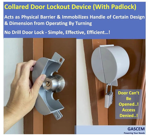 Person installing Doorknob Lockout Device With Padlock For Kid Safe Home Safety And Door Handle Lock Preventing Knob Turning Easy Clamp Style Lock For Doors Faucets And Valves
