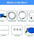 Components of the Backyard Zip Line Kit For Kids And Adults 65 Feet with 60mm Swing Seat, including steel trolley and brake.