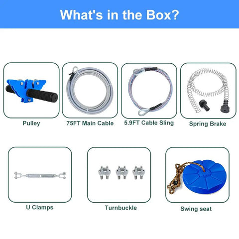 Components of the Backyard Zip Line Kit For Kids And Adults 65 Feet with 60mm Swing Seat, including steel trolley and brake.