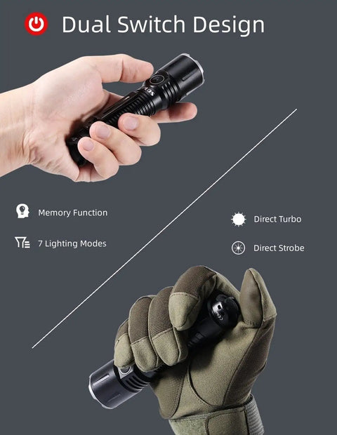 Hella Bright 3100 Lumen Dive Light With Dual Switch USB Rechargeable Waterproof Housing held in bare and gloved hands showing dual switch.