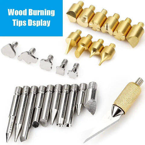 Close-up of 28 Piece Wood Burning Kit With Dope Pro Grade Tips For Pyrography Embossing And Soldering, metal tips displayed.