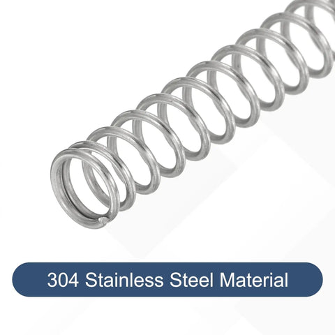 Close-up of a 50 Pack 304 Stainless Steel Compression Springs 0.6mm Wire By 5mm Outer Diameter By 10mm Free Length, silver tone