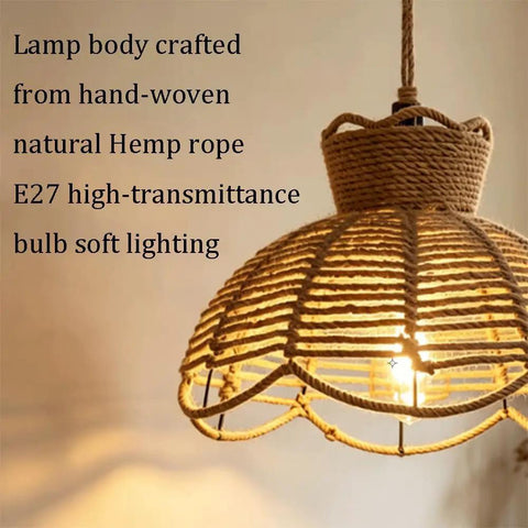YNAHZAOK Hand-Woven Jute Rope Pendant Light Wrapped Iron Frame Hanging Lamp with Natural Hemp Rope Cord, soft lighting design