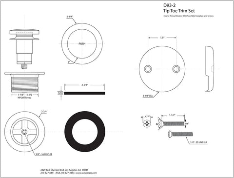 Technical drawing of Tip Toe Bathtub Drain Plug Trim Set with Two Hole Overflow Faceplate Matte Black One and a Half Inch NPSM