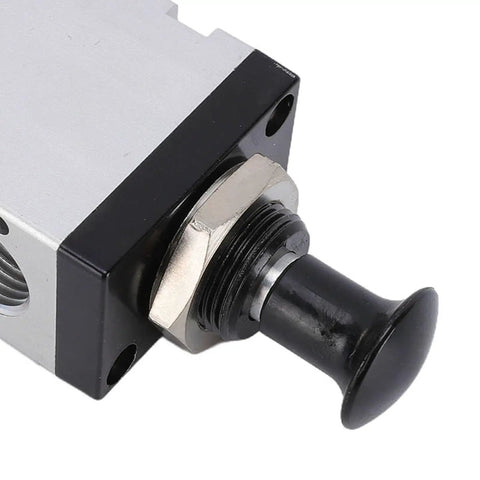 Close-up of One Half Inch NPT Push Pull Valve For Pneumatic Systems, 5 Way Two Position Hand Lever Air Control Valve, aluminum alloy.